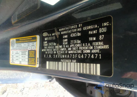 2015 Kia Optima Lx z USA, uszkodzony, nr VIN 5XXGM4A73FG477471